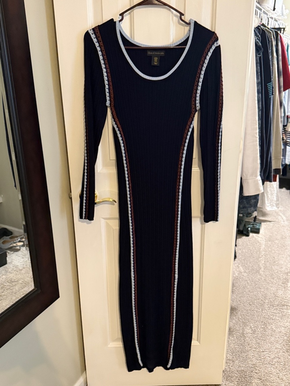 House of Harlow 1960 Navy Maxi Dress with Light Blue & Brown Trim